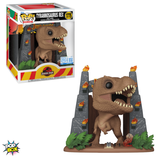 Funko POP! TIranossauro Rex, versão exclusiva com o portão de Jurassic Park